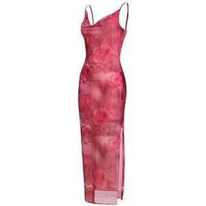 jurken voor dames Bloemenprint gedrapeerde voorkant split dij mesh cami-jurk (Color : Rosa, Size : L)