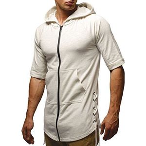 Leif Nelson LN6374 Modern T-shirt met capuchon voor heren, modieus, korte mouwen, hoodie, sweaterjas, slim fit, Ecru, S