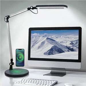 OTUS Bureaulamp met Draadloze Oplader | 3 Kleuren & 12 Helderheidsniveaus | Tafellamp met Verstelbare Arm | Oogvriendelijke Verlichting voor Thuiswerk, Studeren, Lezen, Videobellen