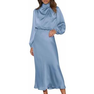 Elegante Satijnen Jurken met Lange Mouwen voor Dames, Formele Feest Maxi-jurk met Elastische Hoge Taille(Color:Blue,Size:S)