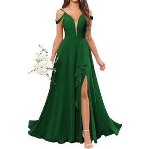 HPPEE Avondjurk voor dames, V-hals, blote schouders, bruidsmeisjesjurk met split en ruches, Emerald Groen, 32