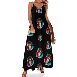 DJ Monkey Sling Maxi-jurk voor dames, V-hals, casual, mouwloos, verstelbare riem, sexy lange jurk