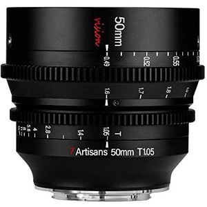 7artisans 50 mm T1.05 groothoek groot diafragma cine-lens compatibel voor Sony E-mount spiegelloze camera, handmatige focus lage vervorming mini-bioscooplens zwart.