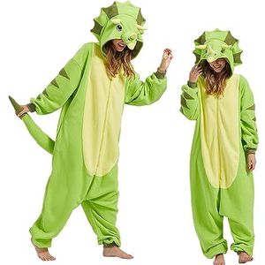 MAISUIZI Dinosaurus Triceratops Onesie Pyjama Volwassen Unisex Dier Cosplay Halloween Kerst Kostuum Nieuwigheid Nachtkleding, Cartoon Groene Triceratops, S