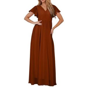 Bruidsmeisjesjurken met korte mouwen voor bruiloft, geplooide chiffon, formele avondfeest, maxi-jurk, V-hals, AH153, Verbrand, 32