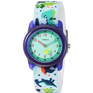 Timex Jongens Time Machines Analoge Elastische Stof Strap Horloge, Wit/Dinosaurussen, Modern