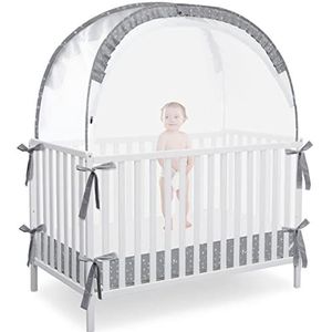 L RUNNZER Pop-up babybedtent, babywiegnet luifel om de baby binnen te houden, wieg klamboe met kijkvenster, zachte mesh hoes en pop-up structuur, grijs+sterren (R07-gstar)