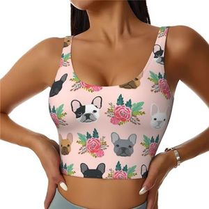 Franse Bulldog en Bloemen Print Casual Wear Vrouwen Sport Vest Yoga Vest Workout Vest Voor Vrouwen Lichtgewicht Trendy, Zwart, S