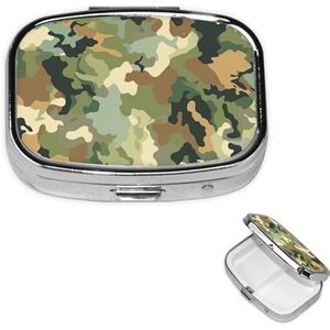 Pillendoosje met spiegel, retro pillendoosje met 2 compartimenten, groen en bruin, camouflage, kleine pillenorganizer voor portemonnee of zak, decoratieve metalen medicijnen, vitamine-organizer