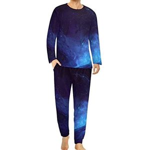 Blauwe sterrenhemel comfortabele heren pyjama set ronde hals lange mouwen loungewear met zakken 5XL