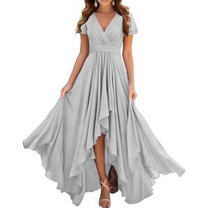 Dames chiffon bruidsmeisjes jurken met split lange galajurken ruches cocktailjurk plus size, Zilver, 32