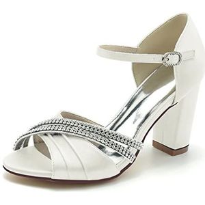 GHSIRUEU Vrouwen Geplooid Satijn Hak Sandalen Comfortabele Peep Toe Blok Chunky Hak Bruids Wedding Dress Schoenen,ivoor,36 EU