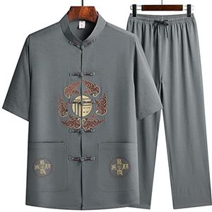 FSUFW Oudere kleding van middelbare leeftijd en oudere heren met korte mouwen oudere kleding Chinese stijl katoen en linnen pak papa shirt(black-Soul Eater1,42/180)