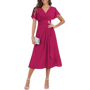 KIYNE Dames thee lengte moeder van de bruid jurken met mouwen ruches chiffon formele jurk avondjurk, Fuchsia, 32