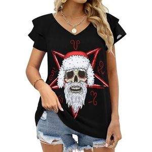 Kerstman schedel met een pentagram grafische blouse top voor vrouwen V-hals tuniek top korte mouw volant T-shirt grappig