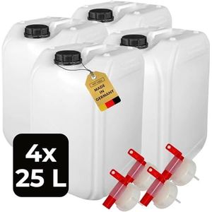 ABACUS® 4 x 25 liter waterjerrycan natuur | chemische jerrycan | tapkraan en deksel (DIN 61) | geschikt voor levensmiddelen | binnen en buiten | BPA-vrij | zuurbestendig | met schaal voor het aflezen