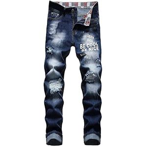 Herenmode Gewassen Rechte Pasvorm Slanke Jeans Casual Heren Jeans Stretch Denim Broek (Color : Blau F, Size : S)