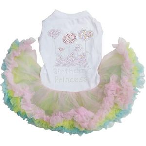 Petitebelle Steentjes kroon verjaardag prinses puppy hond jurk (wit/regenboog, XL)