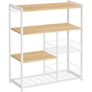 VASAGLE Baker's Rack, keukeneiland met 2 metalen gaasmanden, planken en haken, 80 x 35 x 95 cm, industriële stijl, eikenbeige en wit KKS096W09