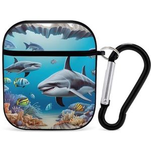 Shark Ocean Sea Fish Is Comming Leuke Case voor AirPods 2&1 Schokbestendige Beschermende Hoofdtelefoon Cases Cover Met Sleutelhanger voor Mannen Vrouwen