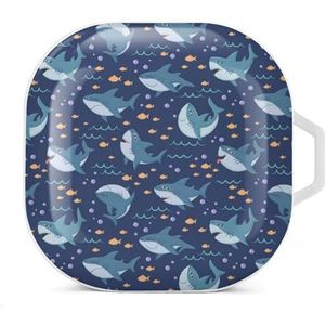 Marineblauw cartoon haaien oordopjes hoesje compatibel met Samsung hard shell beschermhoes witte stijl