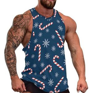 Kerst Candy Canes And Snowflakes Heren Tank Top Grafische Mouwloze Bodybuilding Tees Casual Strand T-Shirt Grappige Gym Spier