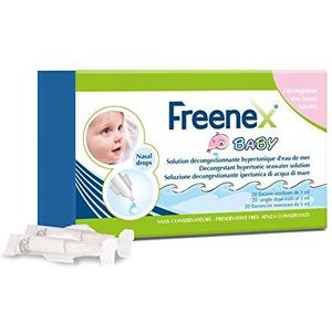 Freenex Fysiologische neusspoeloplossing voor kinderen. Op basis van hypertoon zeewater, ideaal voor milde reiniging bij verkoudheid en gesloten neuzen. 20 flesjes van 5 ml