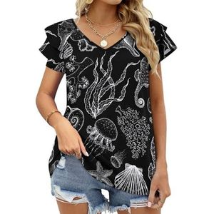 Zeewier Koraal Zeeschelp Kwallen Grafische Blouse Top Voor Vrouwen V-hals Tuniek Top Korte Mouw Volant T-shirt Grappig