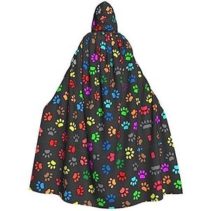 Bxzpzplj Kleurrijke hondenpoot print zwarte mantel met capuchon voor mannen en vrouwen, volledige lengte Halloween maskerade cape kostuum, 185 cm