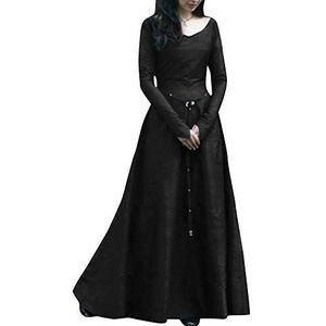 Middeleeuws vintage kostuum voor dames, met lange mouwen, slim fit jurk, zwart., L