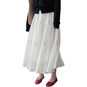 LoprNsdgt Dames Kant Splitsen Zomer Rok Elastisch Getailleerd Effen Kleur Flowy A Line Lange Rokken,Wit,L
