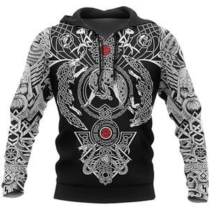 Nordic Fenrir Wolf Hoodie Voor Heren, 3D Digitale Tattoo Print Unisex Herfst Nieuwigheid Hiphop Outdoor Sweatshirt, Middeleeuws Heidens Los Sweatshirt met Grote Zak(Color:Black,Size:4XL)