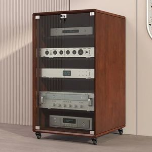Stereo Rack AV Media Stand with Tempered Glass Shelves Stereo cabinet,audio rack cabinet with Wheels for Amplifier, KTV, AV Receiver Rack(4 tier)