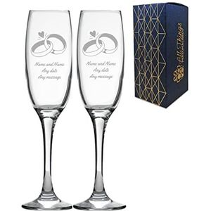 Gepersonaliseerde gegraveerde bruiloft champagne glas set met elke boodschap, elke datum, trouwringen ontwerp, twee 7oz/207ml aangepaste champagneglazen, gegraveerd in het Verenigd Koninkrijk