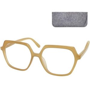Mini Brille - Extra grote leesbril, dik kunststof frame, zeshoekig design met grote glazen in XL en etui voor dames, Beige, 2.0