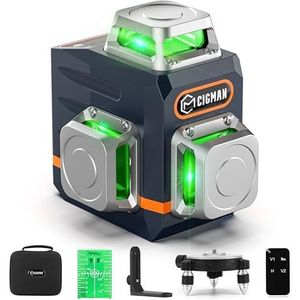 CIGMAN lijnlaser bouwlaser 3x360 graden kruislijnlaser groen zelfnivellerend, laserwaterpas nivelleringsapparaat professioneel met ministatief en magnetische houderset voor binnen- en buitengebruik