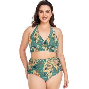 Baby Dieren Wereldkaart Vrouwen Bikini Sets Plus Size Badpak Twee Stukken Hoge Taille Strandkleding Meisjes Badpakken, Pop Fashon, 4XL