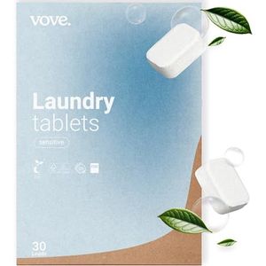 Vove | Milieuvriendelijke wasmiddeltabletten | 60 tabletten | Wasvloeistof, waspods, waspoeder | Biologisch afbreekbare en krachtige vlekbestrijder | Veganistisch en dierproefvrij | Geurvrij |