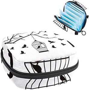 Periode Pouch, Draagbare Tampon Opbergtas voor Maandverband, Mooie Vogels Kooi Silhouet, Meerkleurig, 4.7x6.6x6.6 in/12x17x17 cm