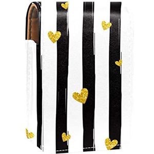 Draagbare Lipstick Case voor op reis, Mini Lipstick Opbergdoos met spiegel voor dames dames, Lederen Cosmetische Pouch Goud Glittering Hart Zwart Wit Strepen, Meerkleurig, 9.5x2x7 cm/3.7x0.8x2.7 in