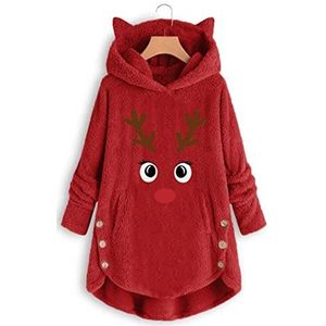 Kersttrui voor dames met capuchon Plus size trui met oorkat coltrui 2022 Winter Oversized-Rood,XL