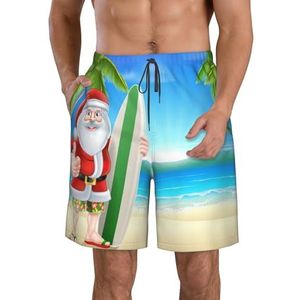 JIAWUJYNB Kerstman met strand- en surfplankprint, strandshorts voor heren, lichtgewicht, sneldrogend, zwembroek met zakken, Wit, L