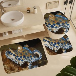 FHPCE Badkamertapijten sets 3-delige badtapijten blauwe ring octopus badkamermat antislip badtapijten voor badkamer toiletmat pluche badmat absorberend douchetapijt voor slaapkamer keuken