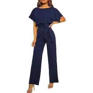 Dagelijkse slijtage Jumpsuits for dames, korte mouwen, ronde hals, riem, casual rechte pijpen, playsuit (Color : Navy, Size : 3XL-3XLarge)
