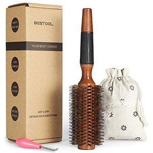 BESTOOL Ronde borstel voor föhnen, varkenshaar, ronde haarborstel met houten vat, grote ronde stylingborstel voor dames en heren, rechttrekken, krullen, glans of volume toevoegen (2.5 inch)