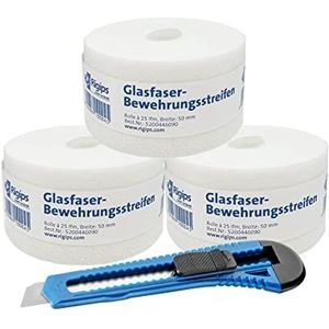 Rigips Glasvezel voegstrips [3 rollen 50mm x 25m] gipsplaten voegband | wapeningsstrips incl. cuttermes