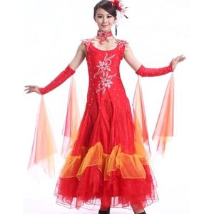 Yhsgscr Ballroom Performance Jurk Elegante Wals Big Swing Rok voor Dames met Strass Kleding voor Feestelijk Dansen Zacht Ademend Nationale Standaard Danskleding,Rood,3XL