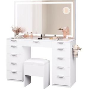 YITAHOME Make-uptafel met ledverlichting, 3 kleuren met instelbare helderheid, kaptafel met spiegel voor make-up, make-uptafel met stopcontact, 11 laden, modern, wit