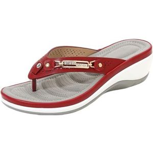 Xytraiihw Dames Wedge Heel Flip Flops, Nieuwe Mode Casual Sandalen Platform Grote Maat Clip Teen Sandalen Zachte Zool Strandschoenen Ronde Kop Flip Flops Zomerschoenen,Rood,36 EU