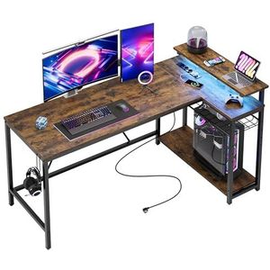 Bestier 147 cm L-vormig bureau met stopcontacten en ledverlichting, omkeerbaar hoekbureau met planken, grote pc-werkplek met haken voor thuiskantoor en slaapkamer